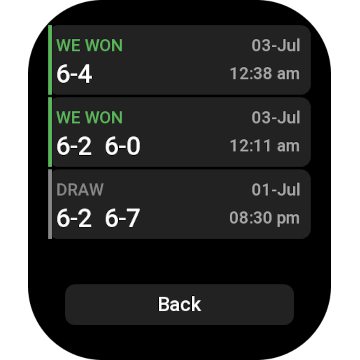Match history on the watch, with results, set scores, and dates.