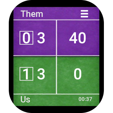 Live padel score on an Amazfit watch, split into a purple Them half and a green Us half.